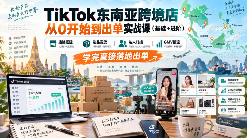 TikTok东南亚跨境店从0开始到出单实战课(基础+进阶)，店铺搭建、选品发货、达人对接、GMV投流，学完直接落地出单-御文网