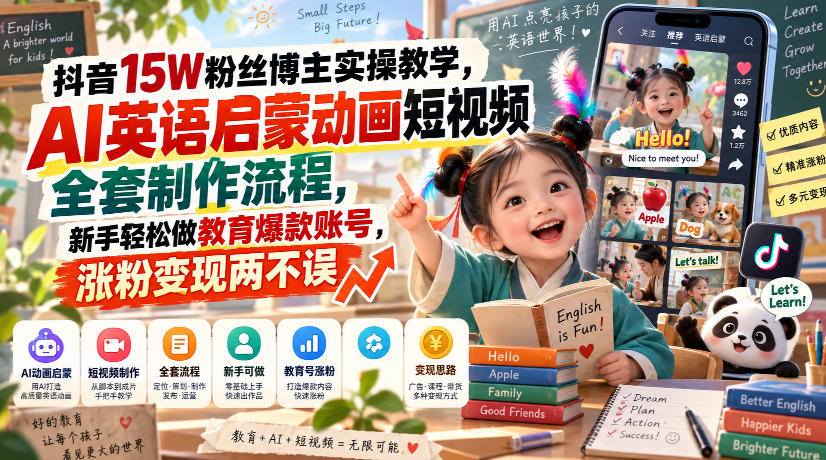 抖音15W粉丝博主实操教学，AI英语启蒙动画短视频全套制作流程，新手轻松做教育爆款账号，涨粉变现两不误-御文网