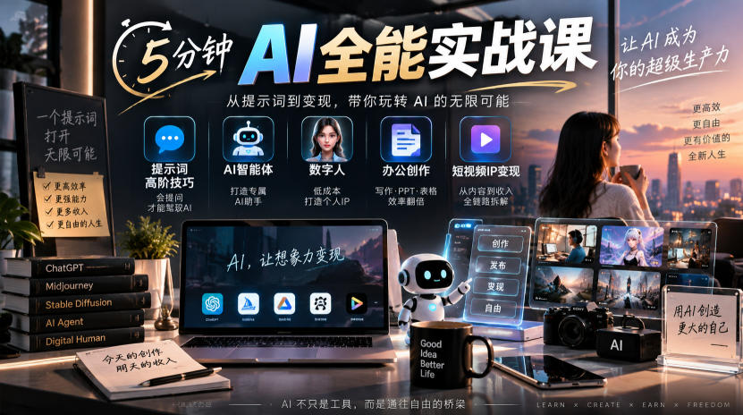5分钟AI全能实战课｜提示词高阶技巧+AI智能体+数字人+办公创作+短视频IP变现全教程-御文网