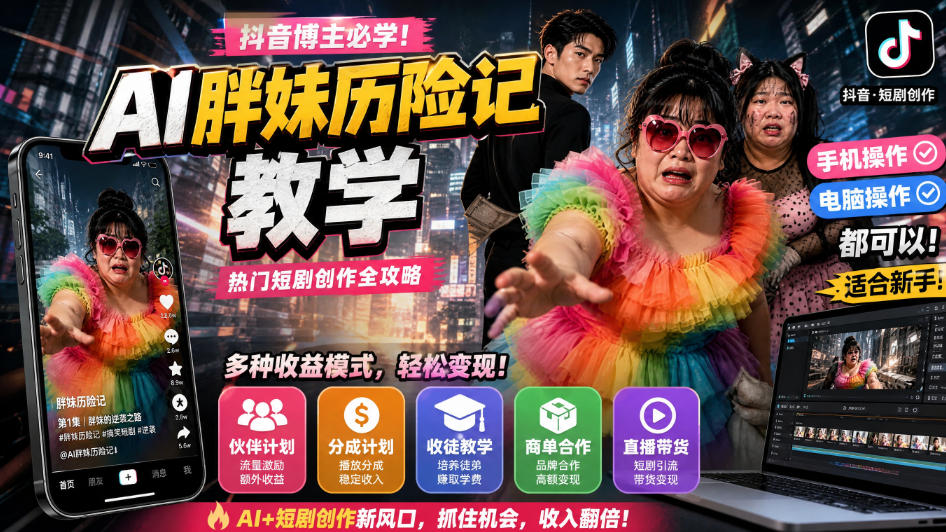 抖音博主的AI胖妹历险记教学，伙伴计划+分成计划+收徒+商单等多种收益，适合新手，手机电脑都可以操作-御文网