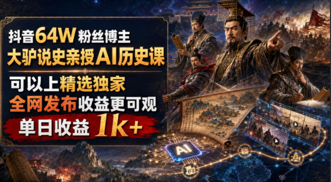 抖音64W粉丝博主大驴说史亲授AI历史课,可以上精选独家,全网发布收益更可观,单日收益1k+(更新)-御文网