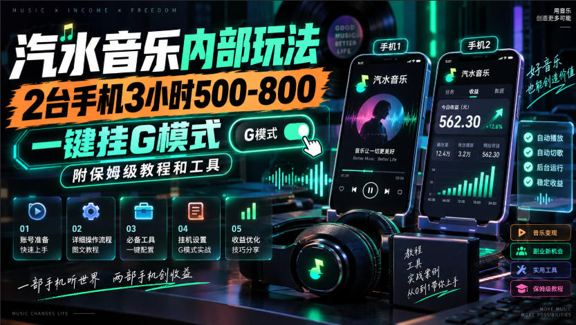 汽水音乐内部玩法,2台手机3小时500-800,一键挂G模式,附保姆级教程和工具【揭秘】-御文网