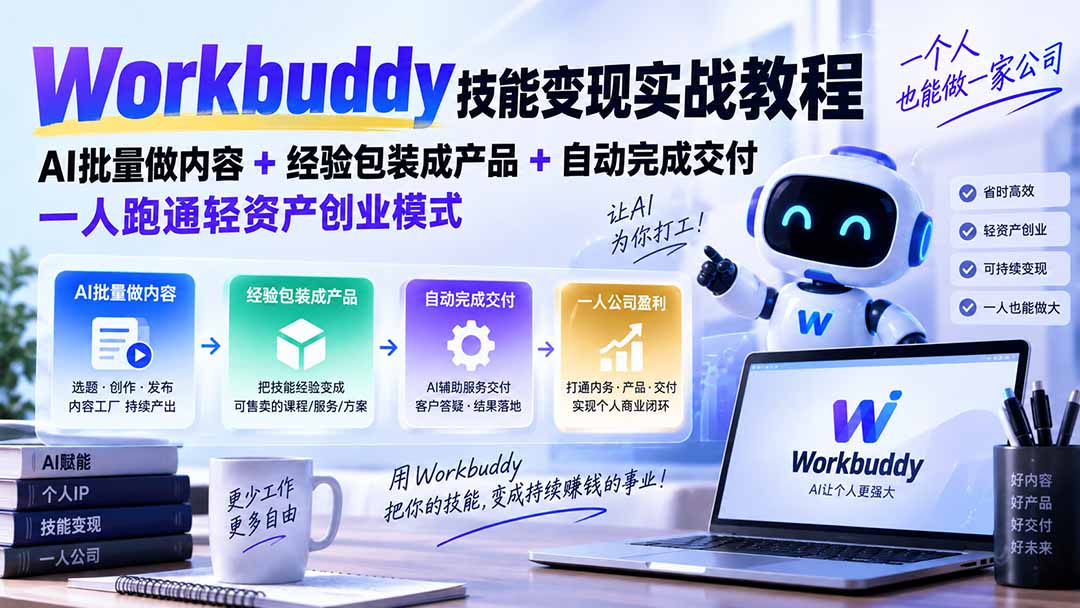 Workbuddy技能变现实战教程：AI批量做内容+经验包装成产品+自动完成交付，一人跑通轻资产创业模式-御文网