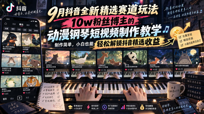 9月抖音全新精选赛道玩法，10w粉丝博主的动漫钢琴短视频制作教学，制作简单，小白也能轻松解锁抖音精选收益-御文网