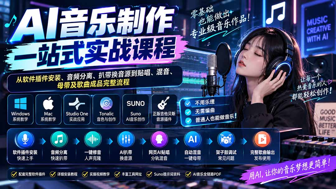 AI音乐制作一站式实战课程：从软件插件安装、音频分离、扒带换音源到贴唱、混音、母带及歌曲成品完整流程-御文网