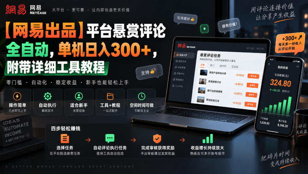 【网易出品】平台悬赏评论全自动，单机日入300+，附带详细工具教程【揭秘】-御文网