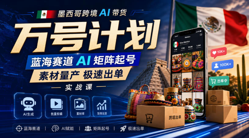 墨西哥跨境AI带货万号计划，蓝海赛道AI矩阵起号，素材量产极速出单实战课-御文网