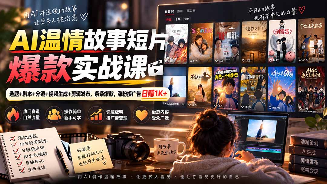 AI温情故事短片爆款实战课-更新|选题+剧本+分镜+视频生成+剪辑发布,条条爆款,涨粉接广告日赚1K+-御文网