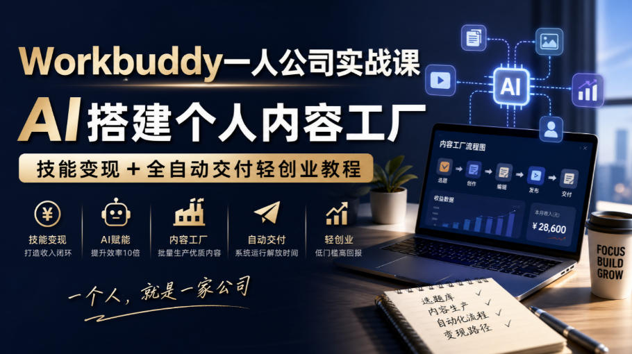 Workbuddy一人公司实战课，AI搭建个人内容工厂，技能变现+全自动交付轻创业教程​-御文网