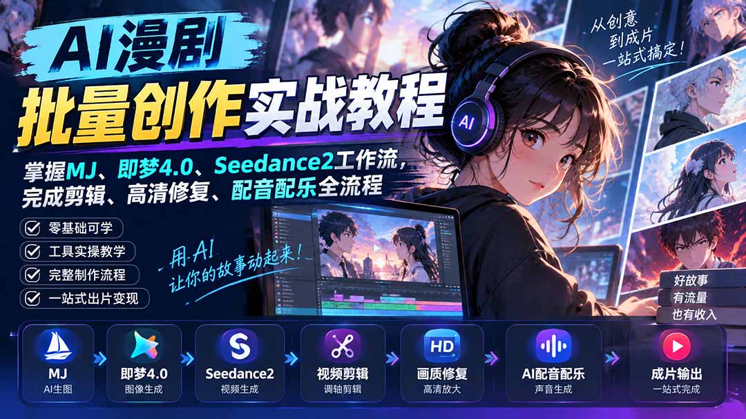 AI漫剧批量创作实战教程：掌握MJ、即梦4.0、Seedance2工作流，完成剪辑、高清修复、配音配乐全流程-御文网