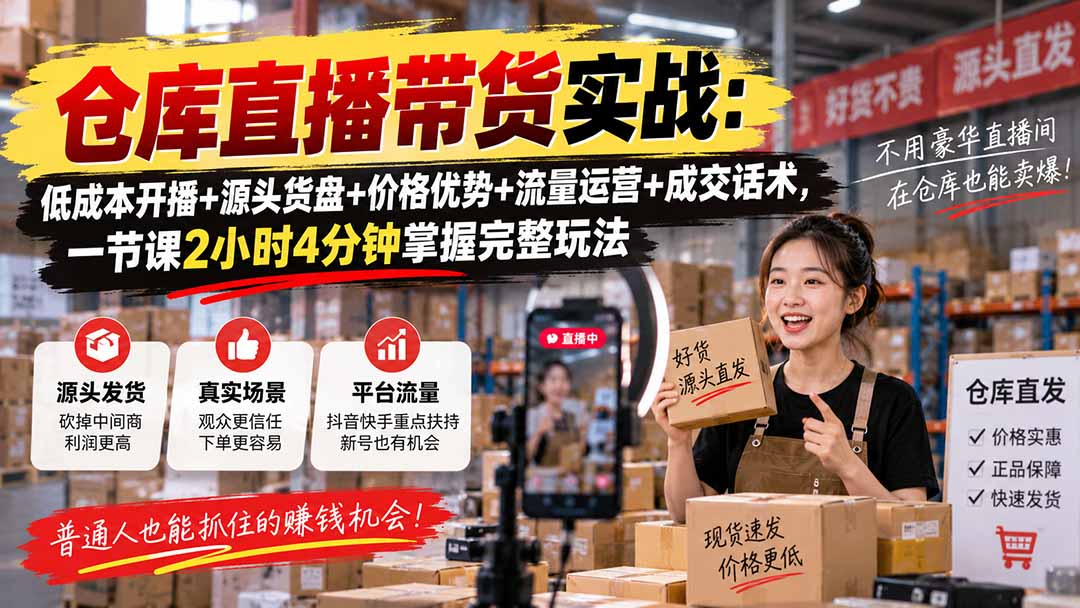 仓库直播带货实战：低成本开播+源头货盘+价格优势+流量运营+成交话术，一节课2小时4分钟掌握完整玩法-御文网