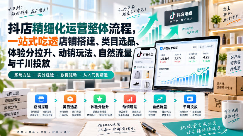 李哥电商-抖店精细化运营整体流程,一站式吃透店铺搭建、类目选品、体验分拉升、动销玩法、自然流量与千川投放-御文网