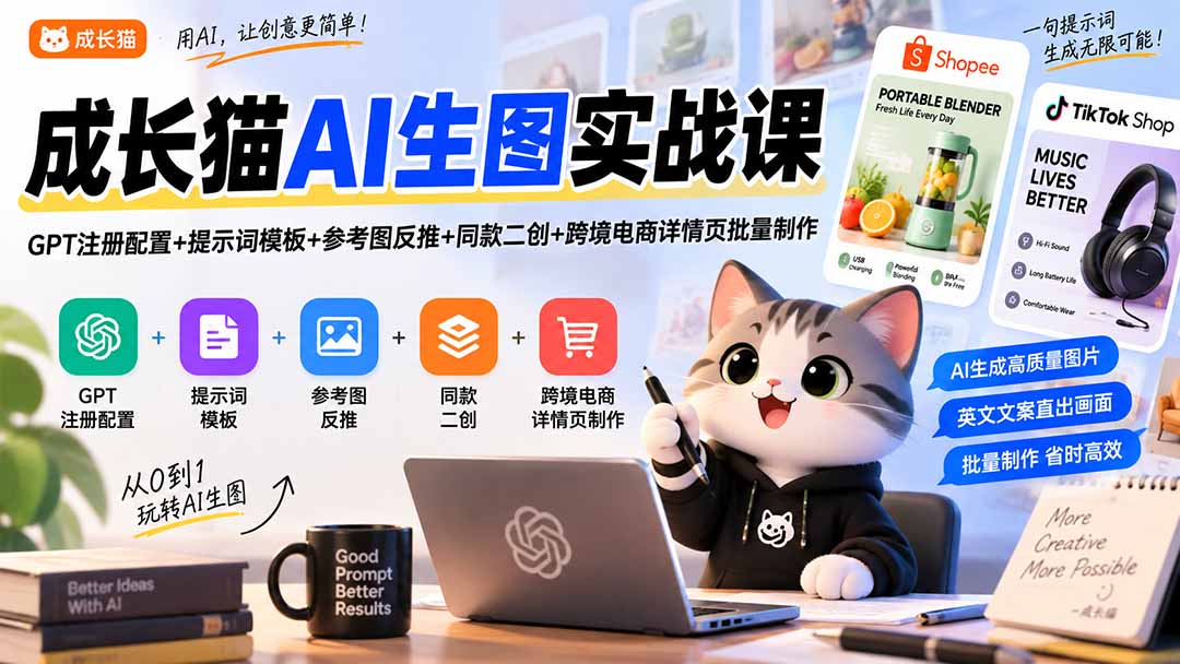 成长猫AI生图实战课｜GPT注册配置+提示词模板+参考图反推+同款二创+跨境电商详情页批量制作-御文网