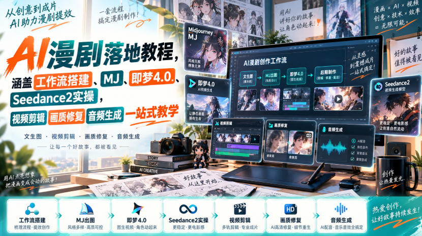 AI漫剧落地教程，涵盖工作流搭建、MJ、即梦4.0、Seedance2实操，视频剪辑画质修复音频生成一站式教学-御文网