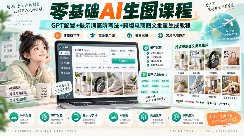 零基础AI生图课程,GPT配置+提示词高阶写法+跨境电商图文批量生成教程-御文网