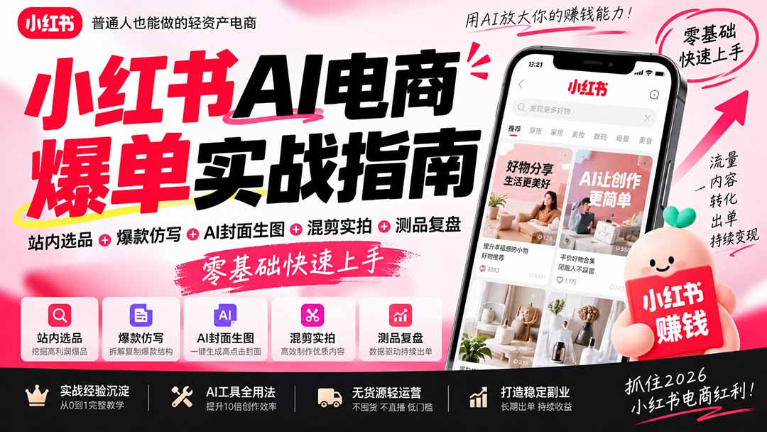 2026小红书AI电商爆单实战指南:站内选品+爆款仿写+AI封面生图+混剪实拍+测品复盘,零基础快速上手-御文网