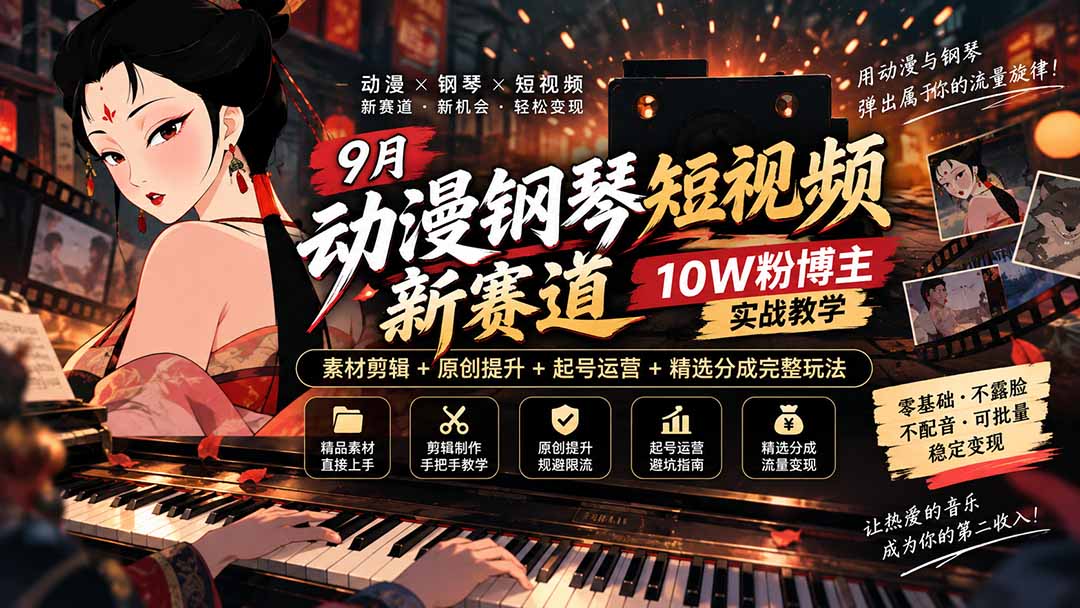 9月动漫钢琴短视频新赛道|10W粉博主实战教学,素材剪辑+原创提升+起号运营+精选分成完整玩法-御文网