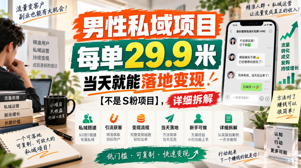 男性私域项目，每单29.9米，当天就能落地变现【不是S粉项目】，详细拆解-御文网