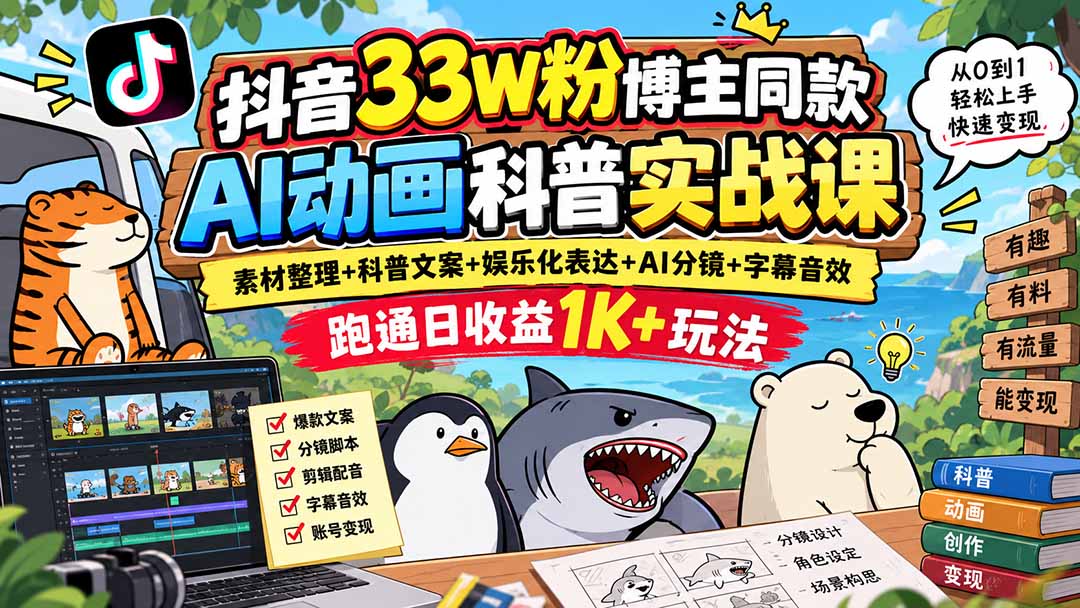 抖音33W粉博主同款AI动画科普实战课｜素材整理+科普文案+娱乐化表达+AI分镜+字幕音效，跑通日收益1K+玩法-御文网