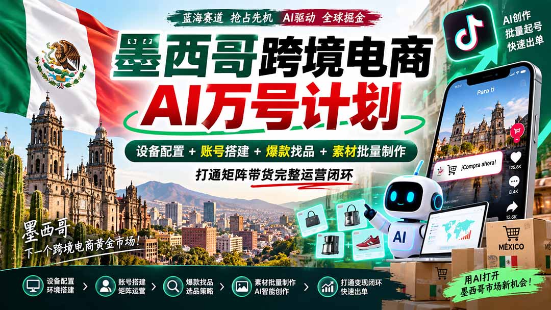 墨西哥AI跨境电商万号计划｜设备配置+账号搭建+爆款找品+素材批量制作，打通矩阵带货完整运营闭环-御文网