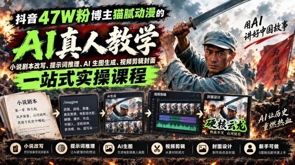 抖音47W粉博主猫腻动漫的AI真人漫剧教学，小说剧本改写、提示词推理、AI生图生成、视频剪辑封面一站式实操课程-御文网