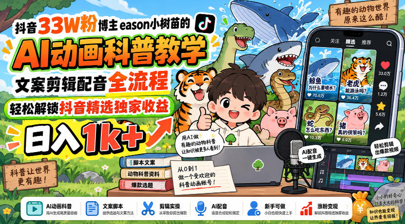 抖音33W粉博主eason小树苗的AI动画科普教学，文案剪辑配音全流程，轻松解锁抖音精选独家收益，日入1k+-御文网