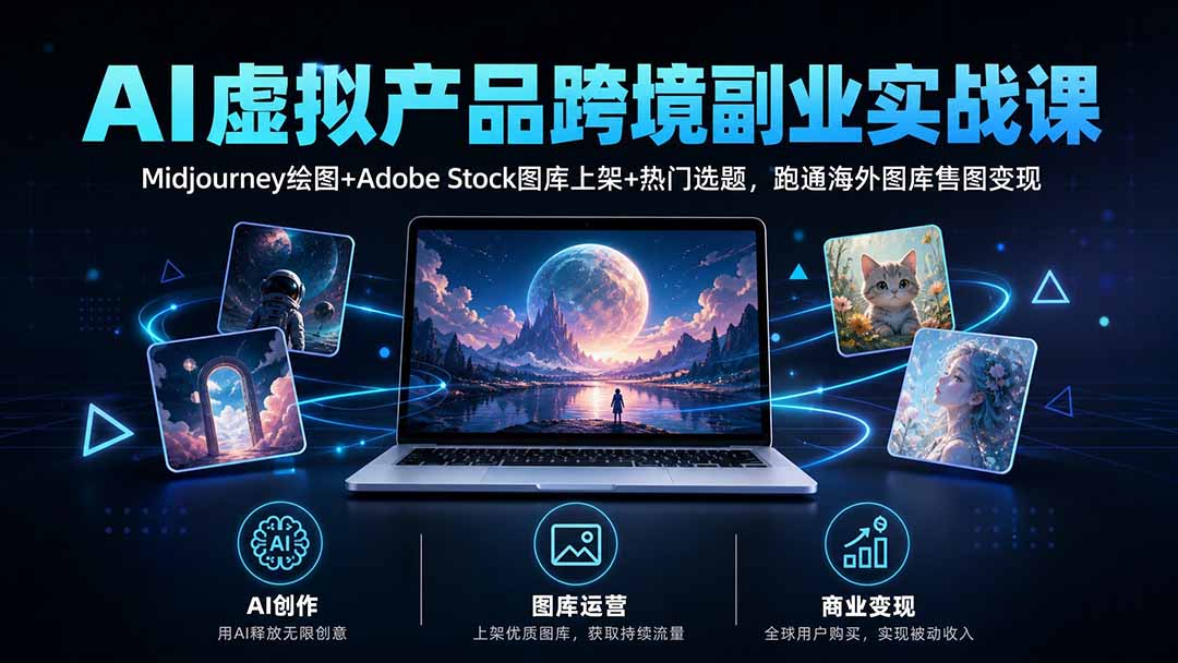 AI虚拟产品跨境副业实战课｜Midjourney绘图+Adobe Stock图库上架+热门选题，跑通海外图库售图变现-御文网