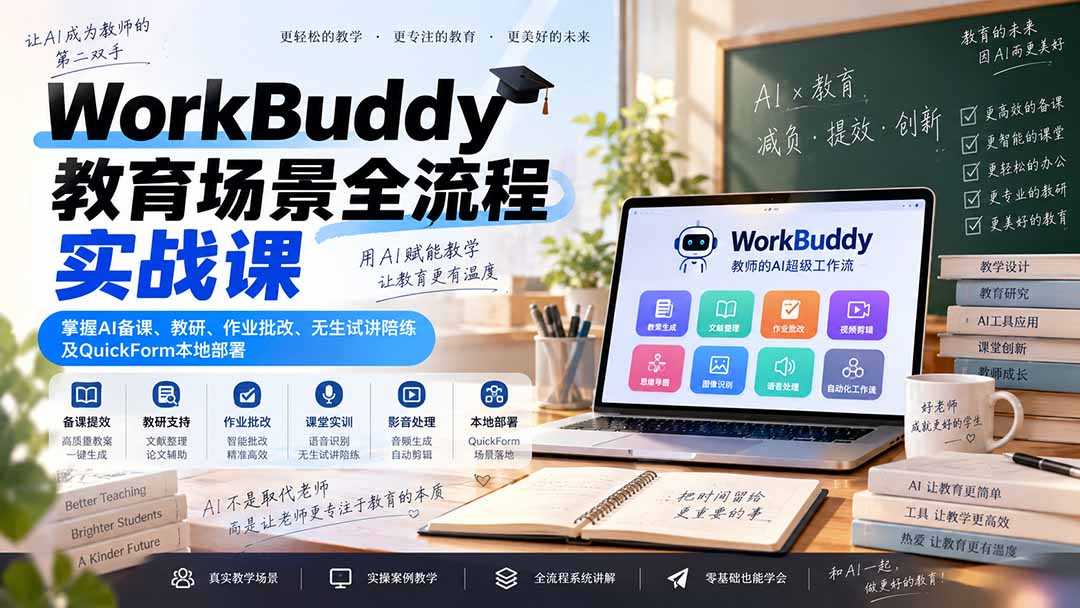 WorkBuddy教育场景全流程实战课:掌握AI备课、教研、作业批改、无生试讲陪练及QuickForm本地部署-御文网