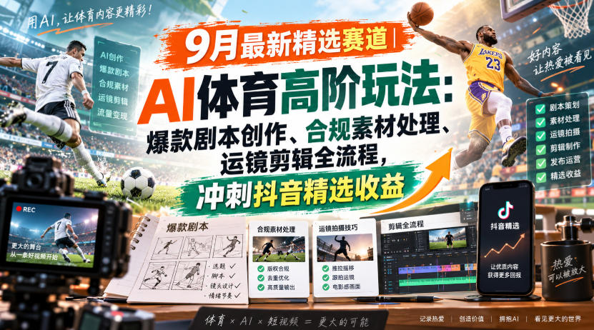 某大佬的9月最新精选赛道之AI体育顶级玩法,爆款剧本创作、版权规避、运镜剪辑全流程,稳拿抖音精选收益-御文网