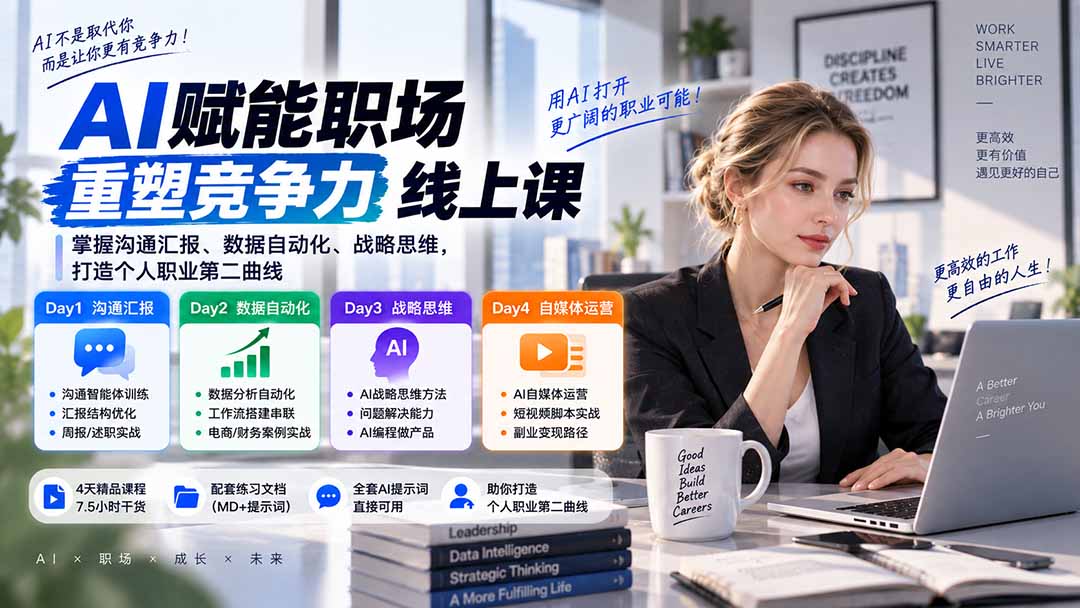 AI职场提效与第二曲线实战课-无水印:学习沟通汇报、数据工作流和战略思维,掌握AI编程做产品及自媒体运营方法-御文网