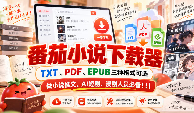 番茄小说下载器,TXT、PDF、EPUB三种格式可选,做小说推文、AI短剧、漫剧人员必备!!!-御文网