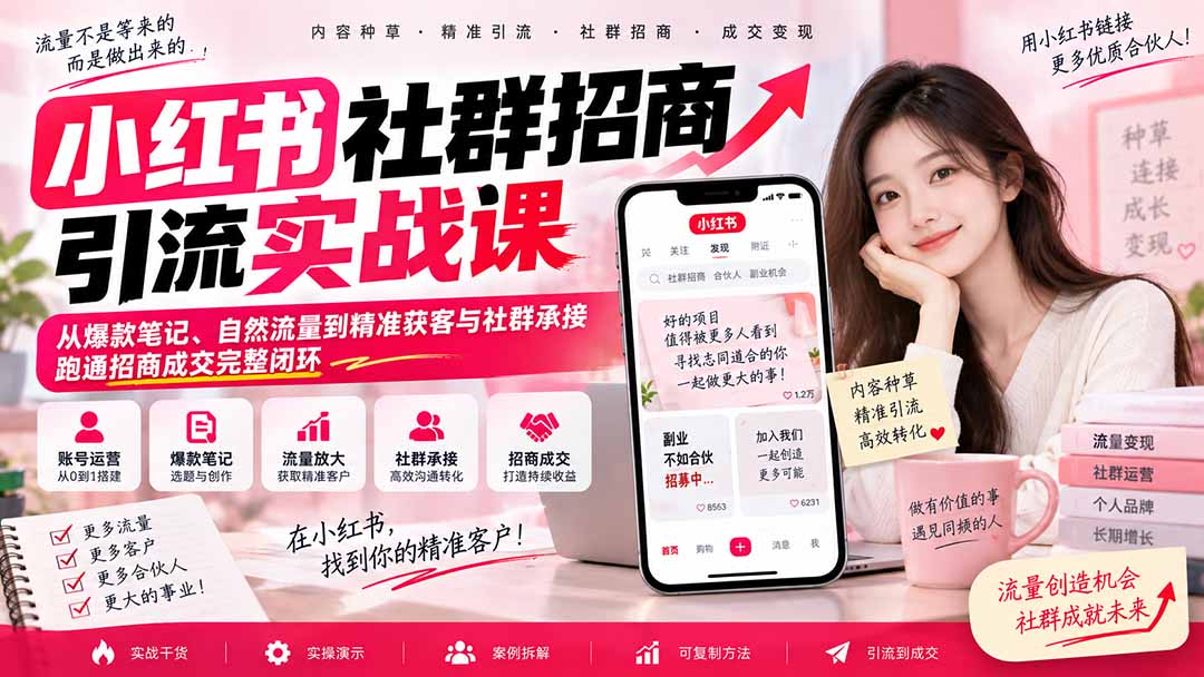 小红书社群招商引流实战课-无水印:从爆款笔记、自然流量到精准获客与社群承接,跑通招商成交完整闭环-御文网