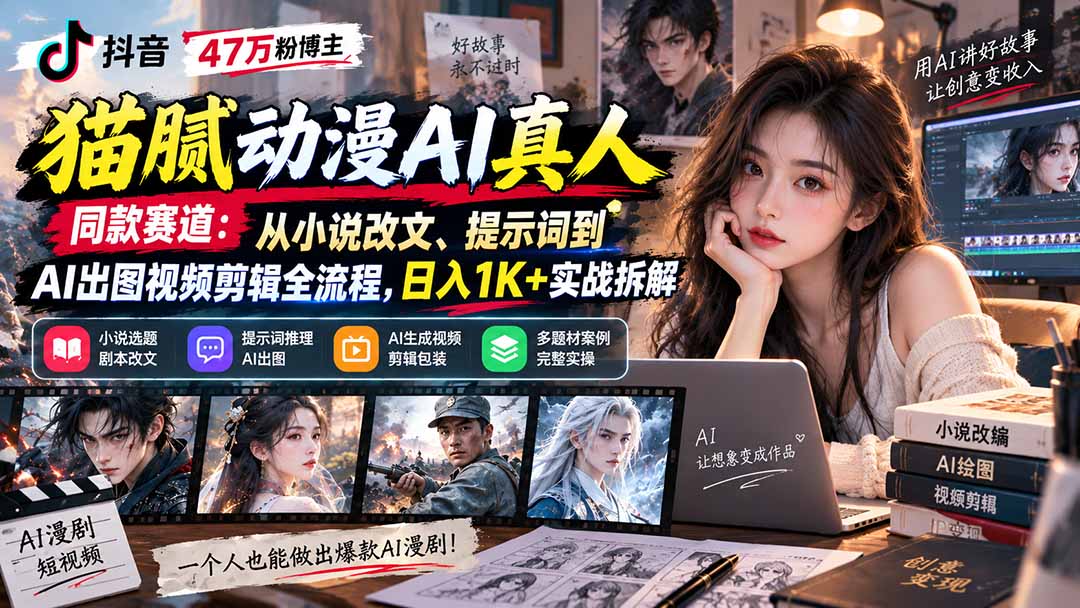 抖音47万粉博主猫腻动漫AI真人同款赛道:从小说改文、提示词到AI出图视频剪辑全流程,日入1K+实战拆解-御文网