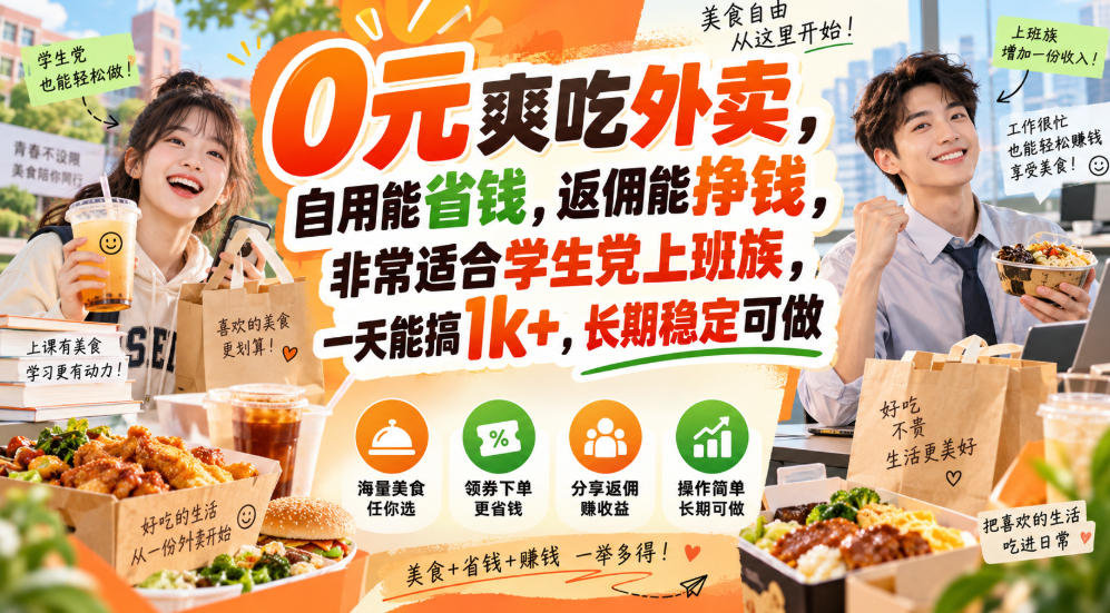 0元爽吃外卖，自用能省钱，返佣能挣钱，非常适合学生党上班族，一天能搞1k+，长期稳定可做-御文网