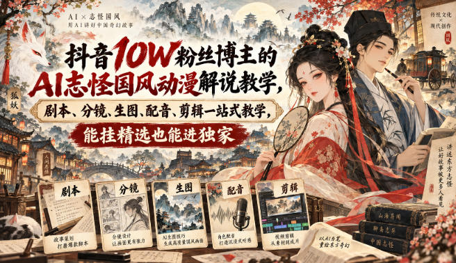 抖音10W粉丝博主满堂诡事的AI志怪国风动漫解说教学，剧本、分镜、生图、配音、剪辑一站式教学，能挂精选也能进独家​-御文网