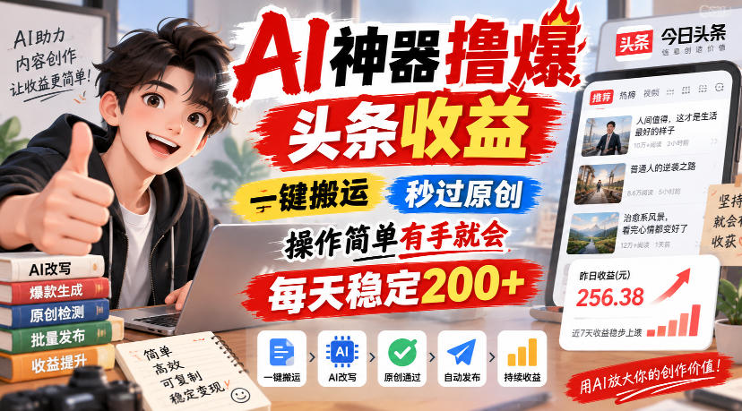 AI神器撸爆头条收益,一键搬运,秒过原创,操作简单有手就会,每天稳定200+【揭秘】-御文网