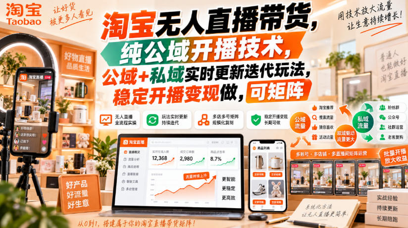 淘宝无人直播带货,纯公域开播技术,公域+私域实时更新迭代玩法,稳定开播变现做,可矩阵【揭秘】-御文网