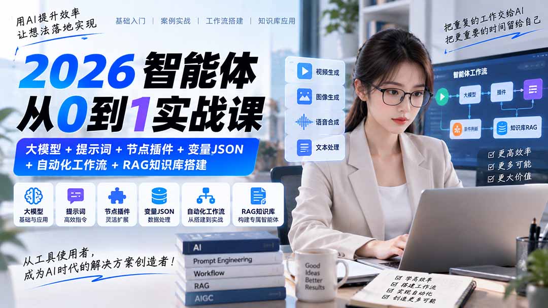 2026智能体从0到1实战课｜大模型+提示词+节点插件+变量JSON+自动化工作流+RAG知识库搭建-御文网