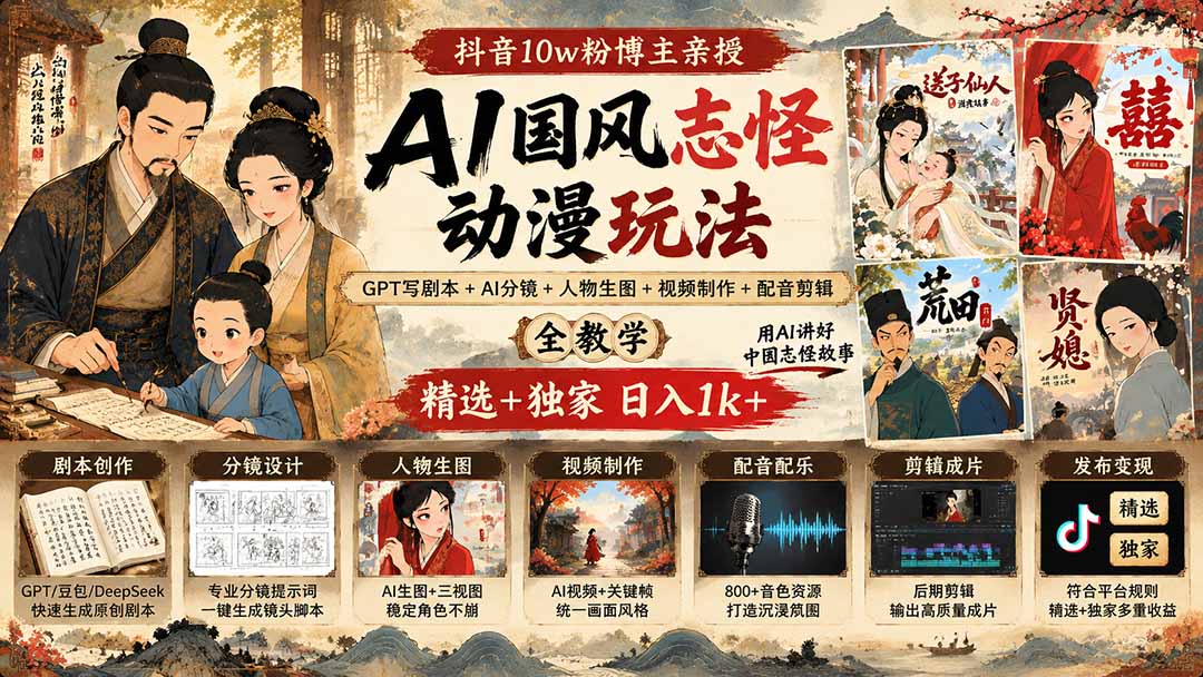 抖音10w粉博主亲授AI国风志怪动漫玩法｜GPT写剧本+AI分镜+人物生图+视频制作+配音剪辑全教学｜精选+独家日入1k+-御文网
