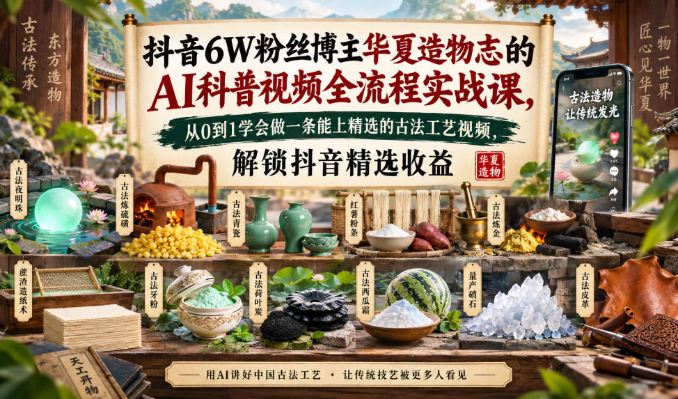 抖音6W粉丝博主华夏造物志的AI科普视频全流程实战课，从0到1学会做一条能上精选的古法工艺视频，解锁抖音精选收益-御文网