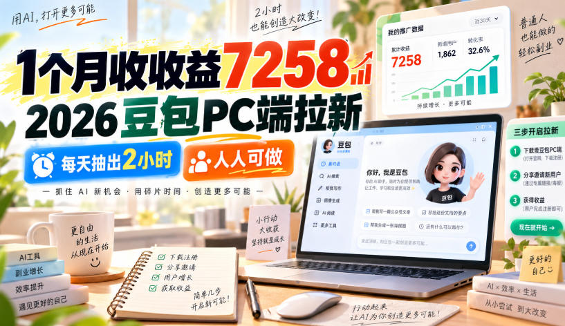 1个月收收益7258,2026豆包PC端拉新,每天抽出2小时,人人可做-御文网