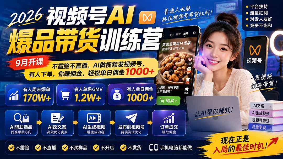 2026视频号AI爆品带货训练营-9月开课|不露脸不直播,AI做视频发视频号,有人下单,你赚佣金,轻松单日佣金1000+-御文网