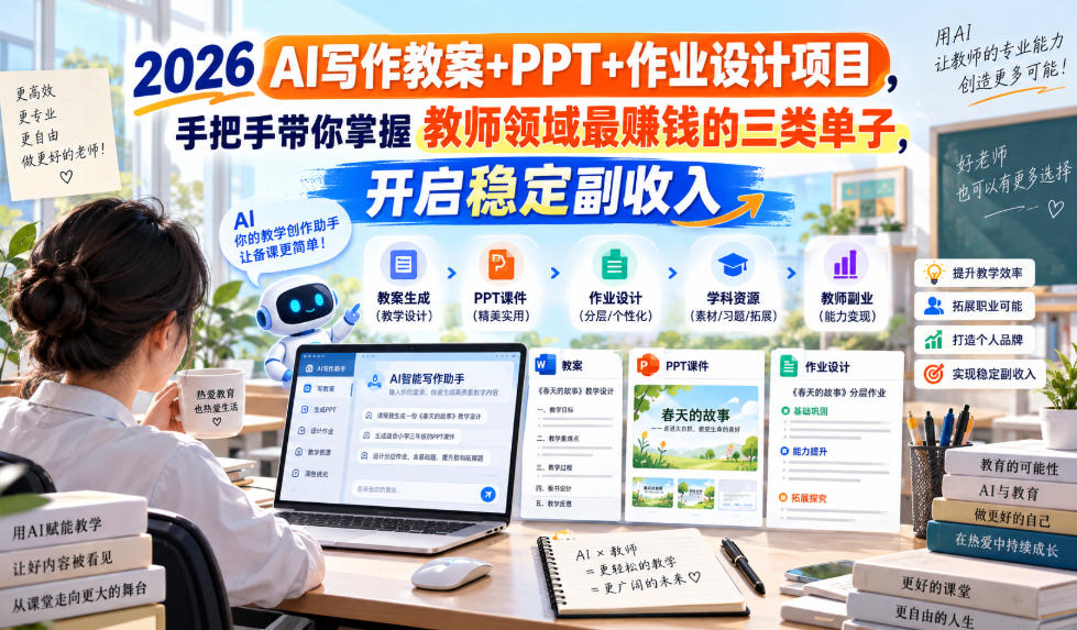 2026 AI写作教案+PPT+作业设计项目，手把手带你掌握教师领域最賺钱的三类单子，开启稳定副收入-御文网