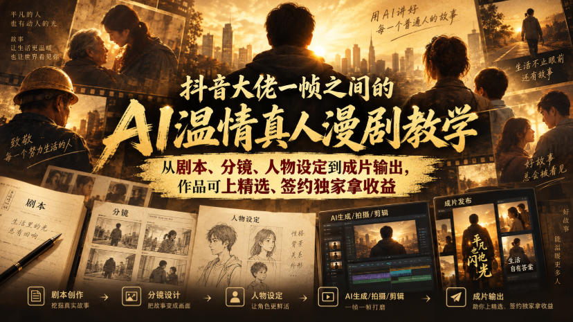 抖音大佬一帧之间的AI温情真人漫剧教学，从剧本、分镜、人物设定到成片输出，作品可上精选、签约独家拿收益-御文网