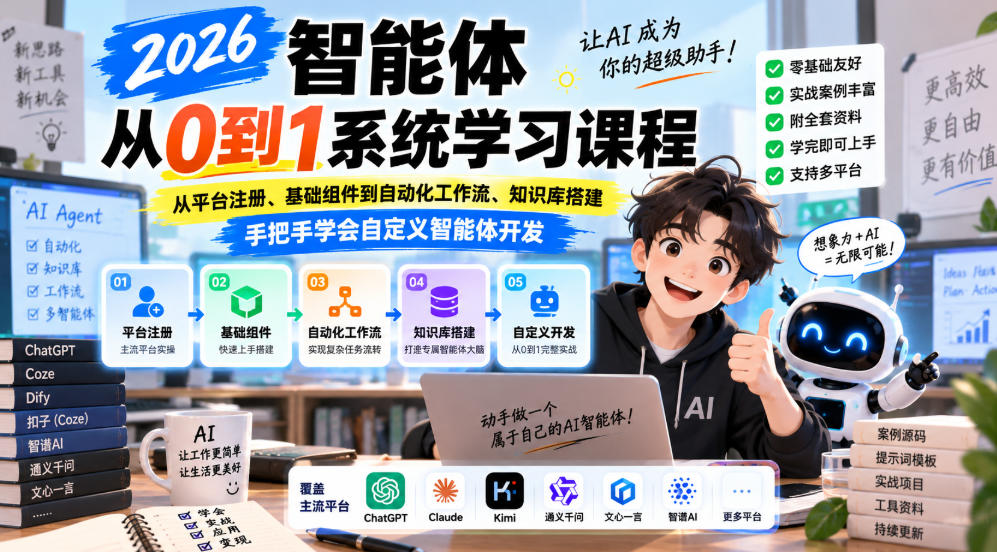 2026智能体从0到1系统学习课程，从平台注册、基础组件到自动化工作流、知识库搭建，手把手学会自定义智能体开发-御文网
