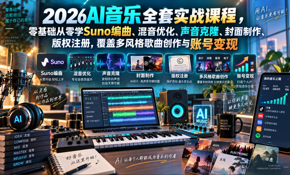 2026AI音乐实战课程，零基础从零学Suno编曲、混音优化、声音克隆、版权注册，覆盖多风格歌曲创作与账号变现-御文网