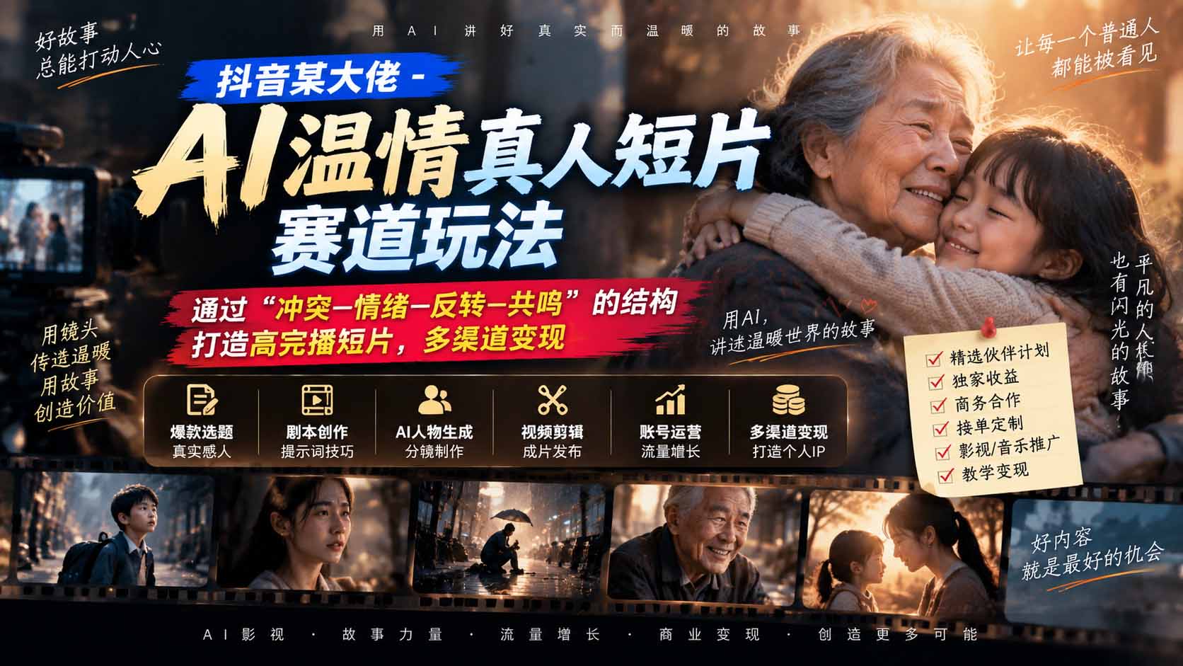 抖音某大佬-AI温情真人短片赛道玩法：通过“冲突—情绪—反转—共鸣”的结构打造高完播短片，多渠道变现-御文网