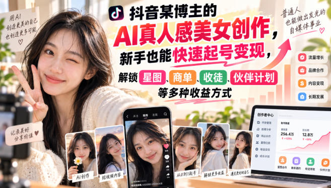 抖音某博主的AI真人感美女创作，新手也能快速起号变现，解锁星图，商单，收徒，伙伴计划等多种收益方式-御文网