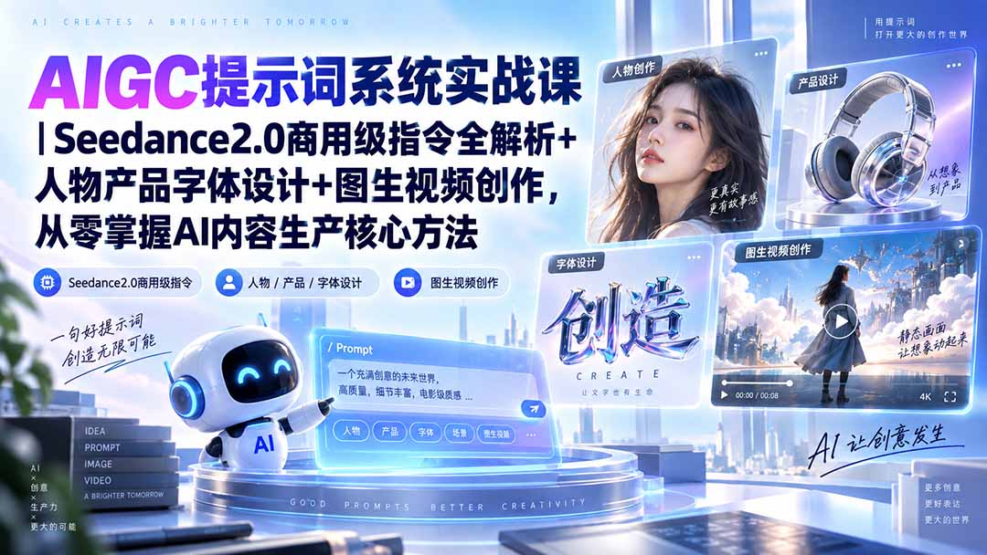 AIGC提示词系统实战课-无水印｜Seedance2.0商用级指令全解析+人物产品字体设计+图生视频创作，掌握AI内容生产方法-御文网