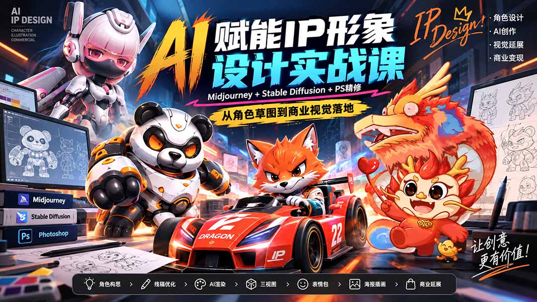 AI赋能IP形象设计实战课-无水印:Midjourney+Stable Diffusion+PS精修,从角色草图到商业视觉落地-御文网